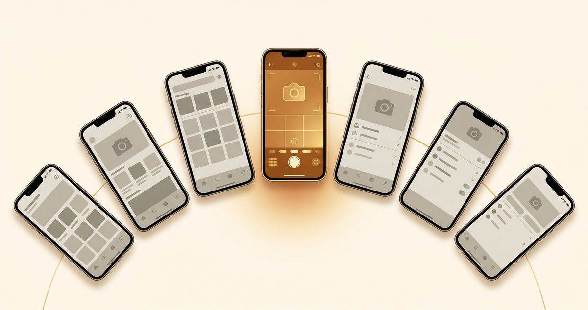 Seven smartphones arranged in an arc showing different security camera app interfaces, with the center phone highlighted in amber