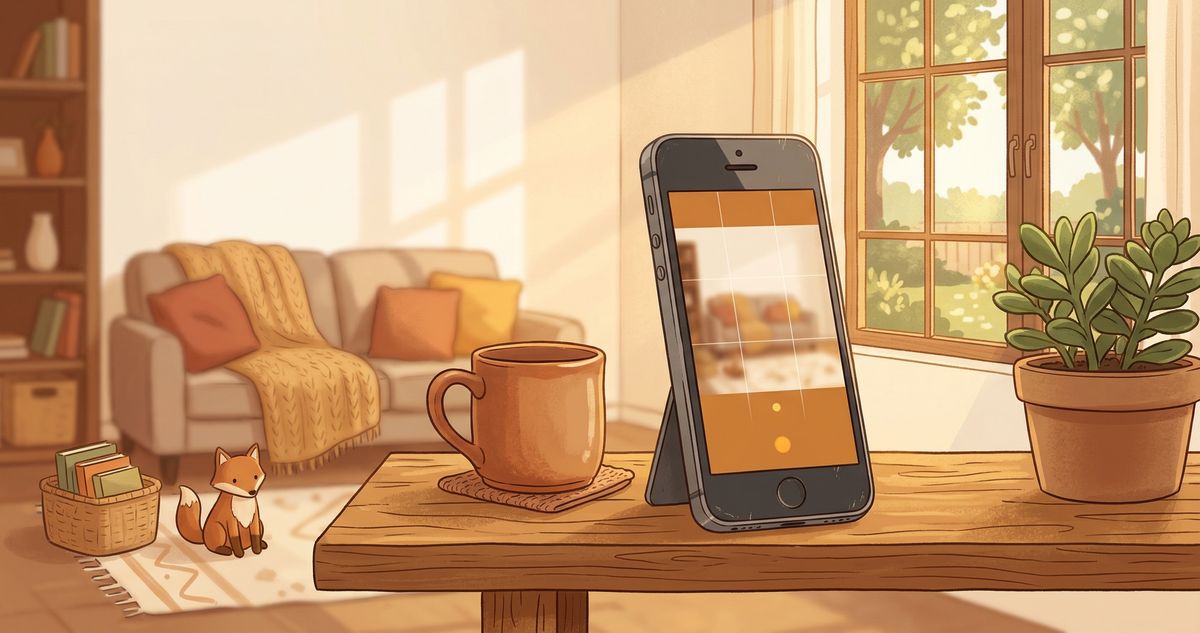 An old iPhone propped up on a wooden shelf as a security camera, overlooking a cozy living room with warm amber sunlight