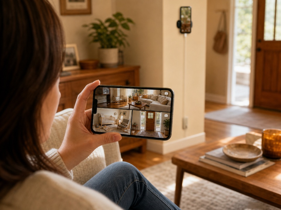 Viewer phone showing multiple Oriel camera feeds from different rooms