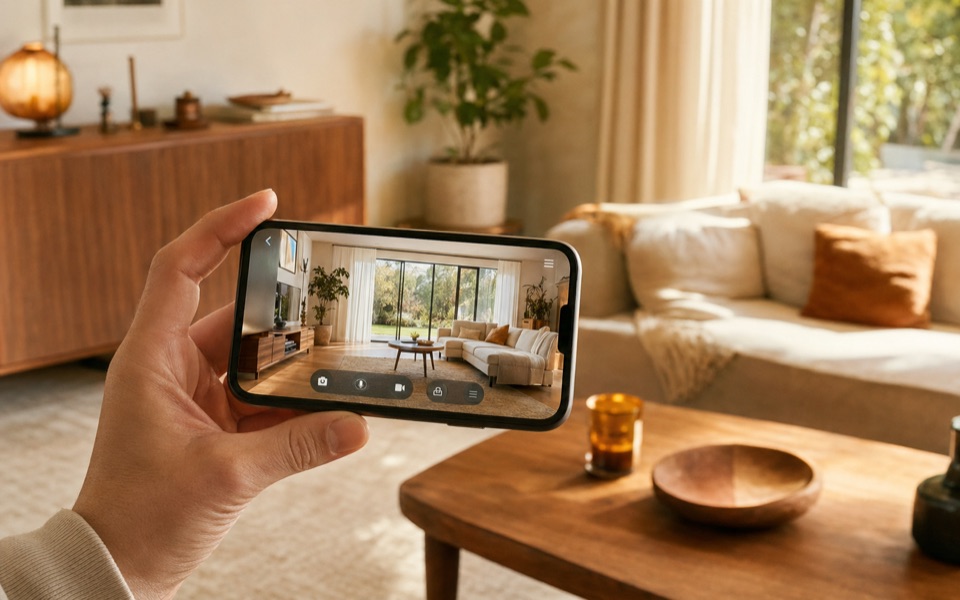 Viewer phone showing a calm living room live view